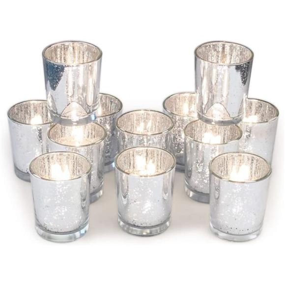 Silver Votive Candle Holders, Mercury Glass Tealight Candle Holder Set of 12 - Picture 1 of 7